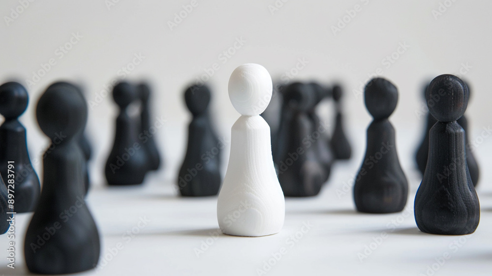 A white wooden figurine stands out among other black ones on a grey background
