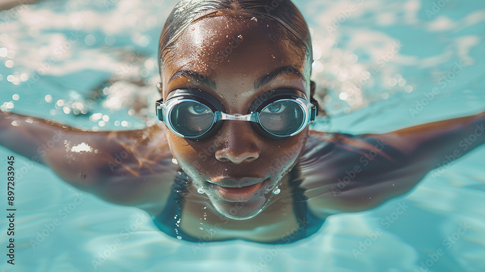 Naklejka premium African American female swimming at the pool