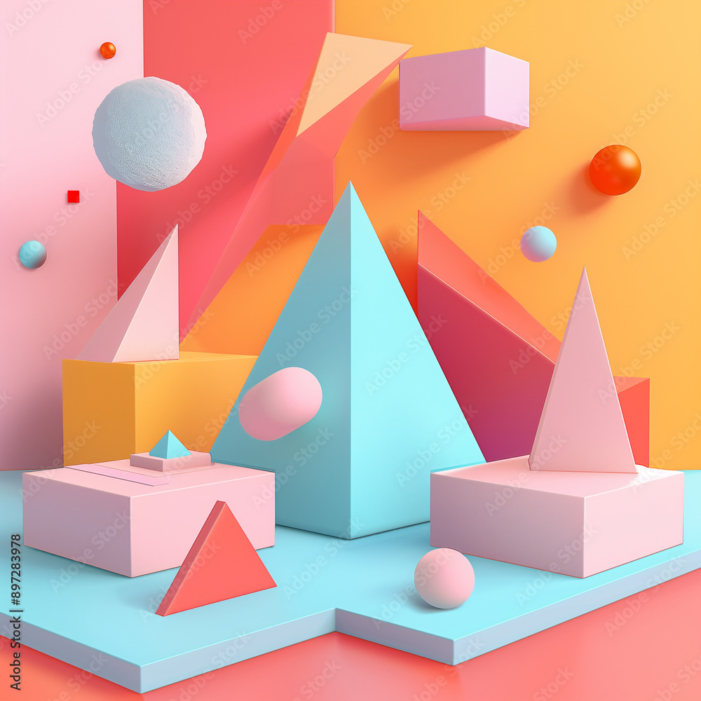 Fototapeta premium A colorful scene of geometric shapes and spheres, with a pink and blue triangle in the middle. The scene is vibrant and playful, with a sense of movement and energy