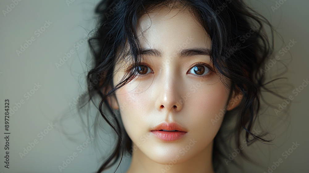 beautiful Asian woman with a delicate, slender frame and captivating, innocent eyes, exuding elegance and grace