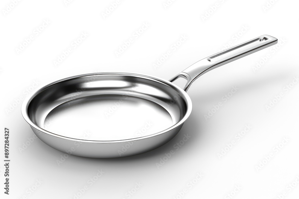 Stainless steel frying pan on a white background.