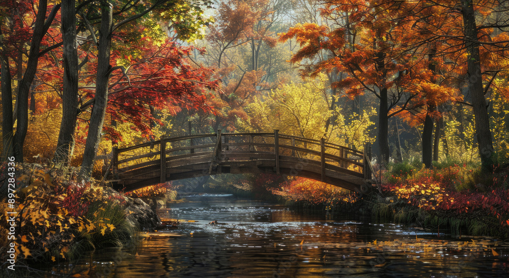 A bridge over a stream surrounded by colorful autumn leaves. A bridge over a stream surrounded by colorful autumn leaves.