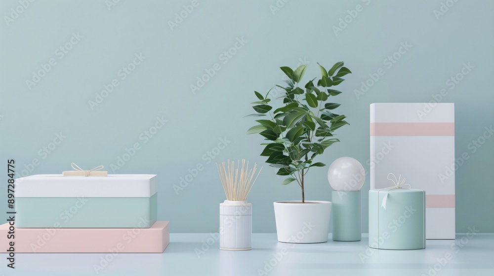 A mockup of a trendy subscription box, with clean branding and stylish packaging A mockup of a trendy subscription box, with clean branding and stylish packaging