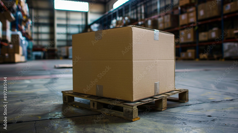 cardboard box on a pallet in a warehouse cardboard box on a pallet in a warehouse