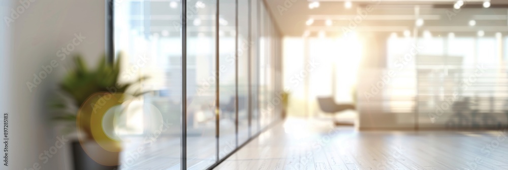 Fototapeta premium Blurred background of a light empty open space modern office interior with panoramic windows