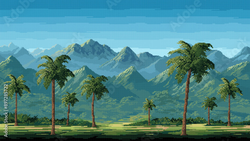 8 bit pixel art jungle forest game level landscape. Vector natural pixelated scene with tall palm trees and dense foliage in the foreground, with backdrop of towering mountains under a clear blue sky