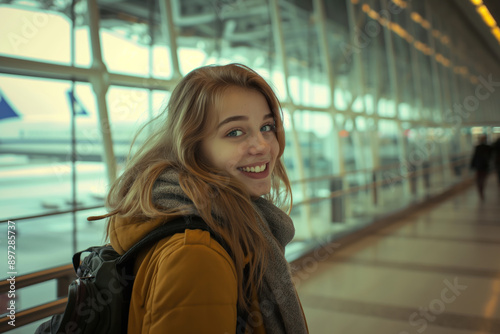 Happy teenage foreign exchange student girl smiling and looking over her shoulder while waiting for her flight in airport with copy space