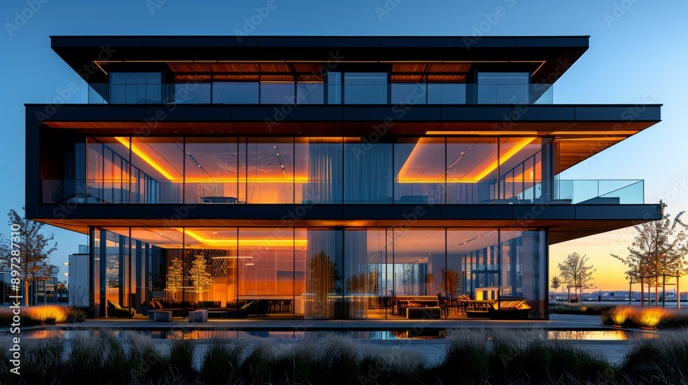Modern Glass House Illuminated by Warm Evening Light. Generative AI Modern Glass House Illuminated by Warm Evening Light. Generative AI