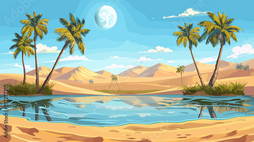 Oasis in the desert with palm trees and water vector cartoon illustration background copy space