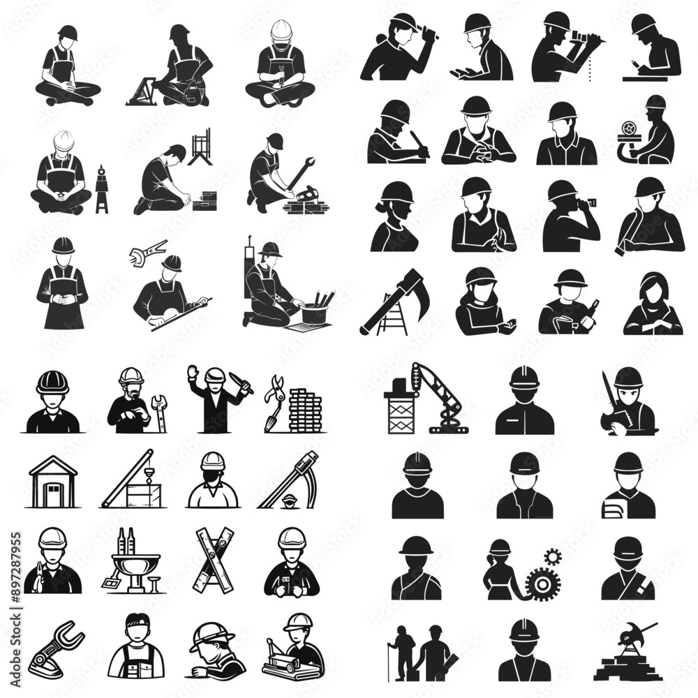 Naklejka premium A collection of black and white icons of workers in various professions
