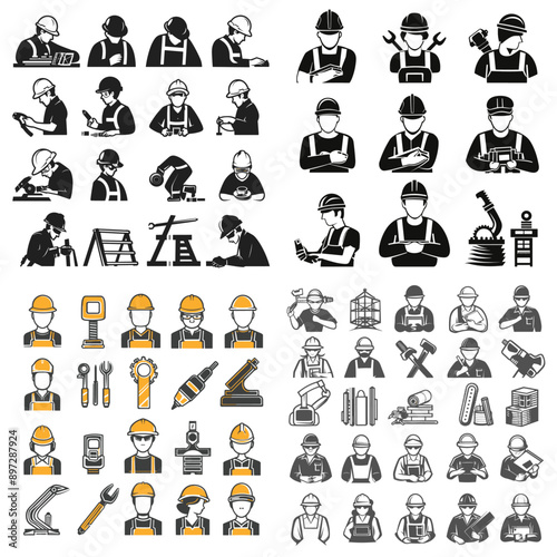 A collection of black and white icons of construction workers