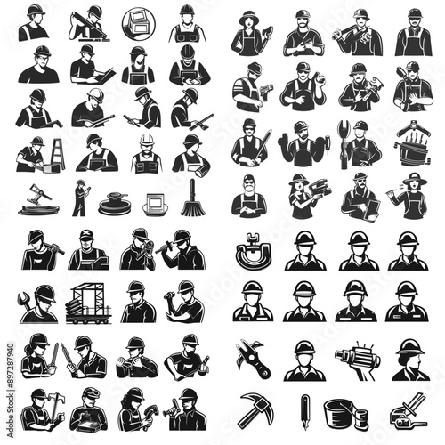 A collection of black and white icons of workers in various professions