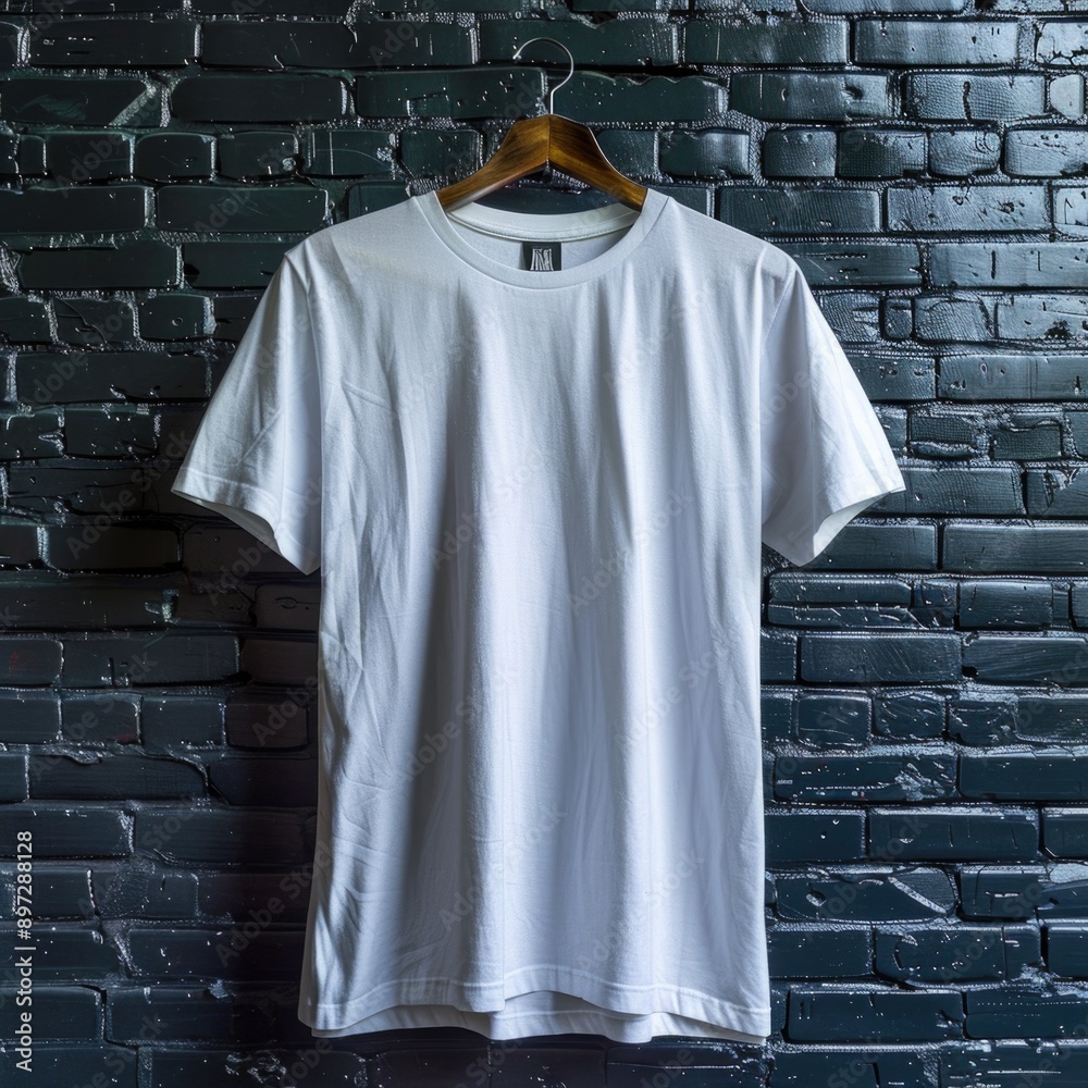 Modern Presentation Concept: Blank White T-Shirt on Hanger Against Black Brick Wall, Generative AI Modern Presentation Concept: Blank White T-Shirt on Hanger Against Black Brick Wall, Generative AI