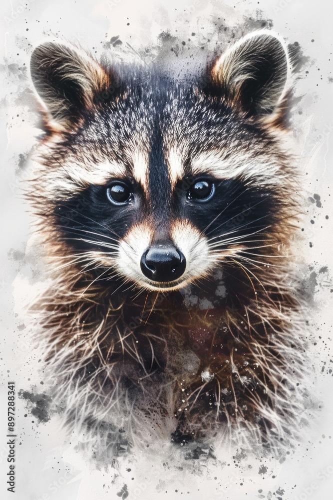 Close-up shot of a raccoon's face on a white background Close-up shot of a raccoon's face on a white background