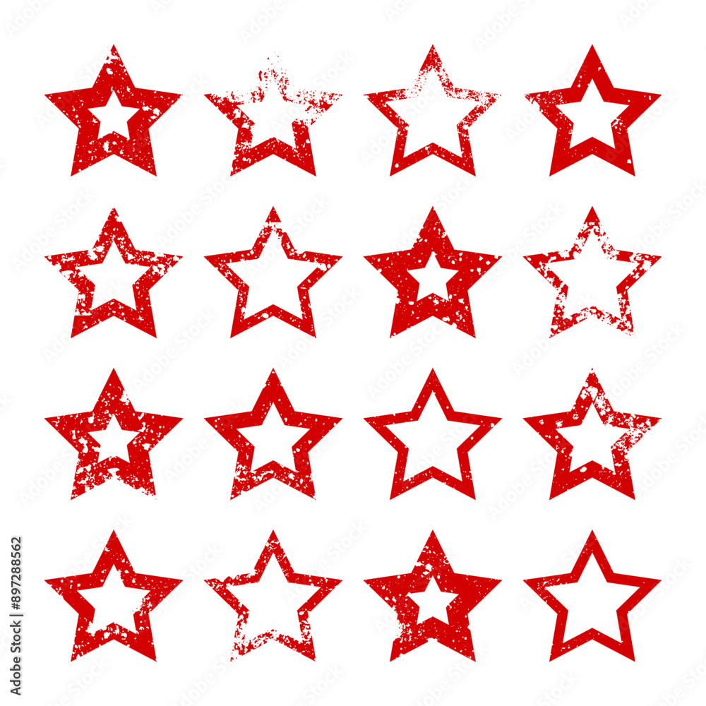 Obraz premium Red vintage stars with cracks and stains. Old hand-drawn sign, black simple shape. Retro design element with distressed effect, grunge texture. Vector illustration