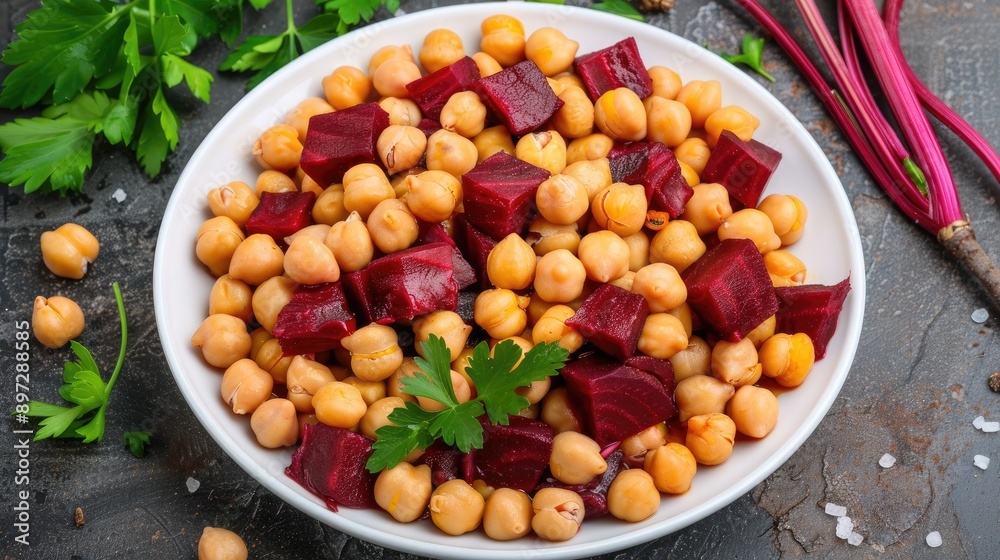 A white bowl filled with chickpeas and sliced beets rests on a grey surface. A few chickpeas have spilled from the bowl A white bowl filled with chickpeas and sliced beets rests on a grey surface. A few chickpeas have spilled from the bowl