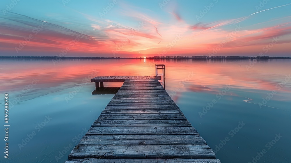 Serene Sunset Reflection on a Tranquil Lake and Wooden Dock Serene Sunset Reflection on a Tranquil Lake and Wooden Dock