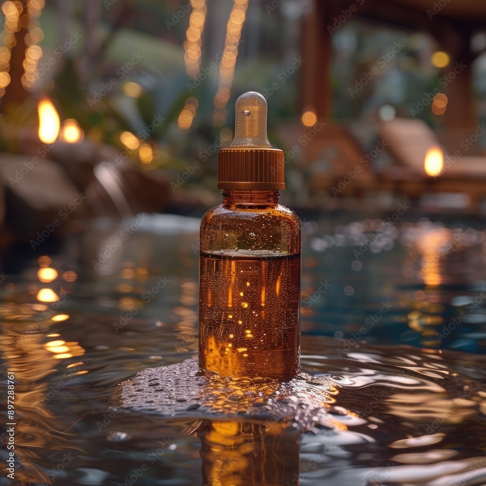 Serene Spa Setting: A Pipette Bottle of Hydrating Liquid on a Damp Surface Serene Spa Setting: A Pipette Bottle of Hydrating Liquid on a Damp Surface