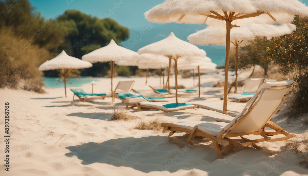 A serene beach with golden sand, sun loungers, and parasols, surrounded by lush Mediterranean
A serene beach with golden sand, sun loungers, and parasols, surrounded by lush Mediterranean