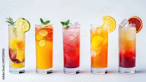 A variety of non-alcoholic cocktails in tall glasses on a white background.