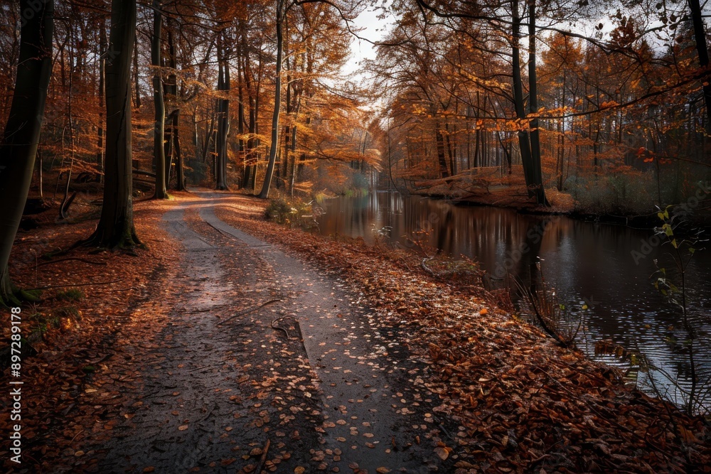 A tranquil autumn forest path runs beside a peaceful, reflecting river, surrounded by tall trees and vibrant fall colors, capturing a serene and picturesque natural moment. A tranquil autumn forest path runs beside a peaceful, reflecting river, surrounded by tall trees and vibrant fall colors, capturing a serene and picturesque natural moment.