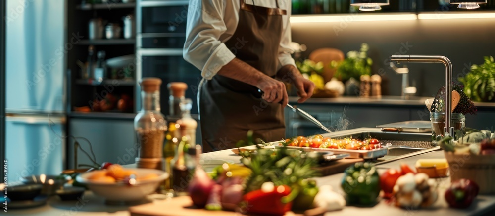 Chef Preparing a Delicious Meal in a Modern Kitchen Chef Preparing a Delicious Meal in a Modern Kitchen