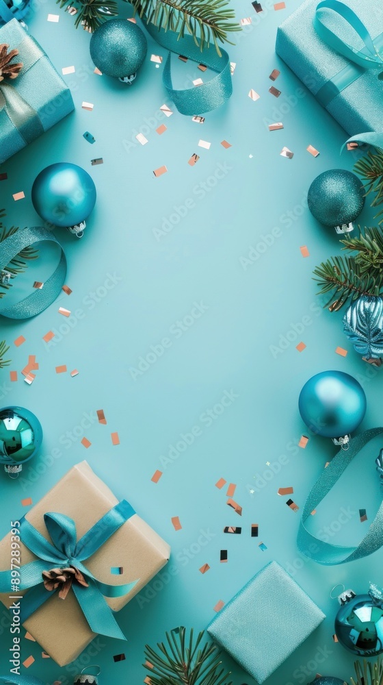Fototapeta premium Elegant holiday decorations with blue-theme gifts