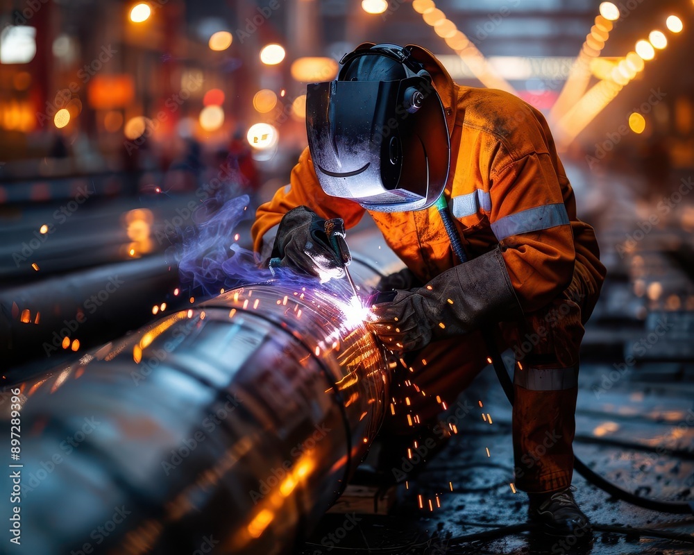 Create a scene where a team of welders in safety masks work together on a pipeline within a vast construction tunnel Create a scene where a team of welders in safety masks work together on a pipeline within a vast construction tunnel