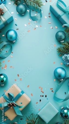 Elegant holiday decorations with blue-theme gifts photo