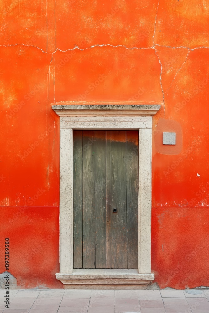 Fototapeta premium An aged orange wall with an old wooden door and cracked paint details, reflecting a vintage feel and charm.