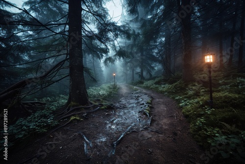 A serene, misty forest path illuminated by glowing lanterns on a quiet night, evoking a sense of mystery and tranquility amidst towering trees and roots. photo