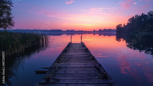Wallpaper Mural Serene Lakeside Sunset - Wooden Dock Reflecting on Tranquil Water Torontodigital.ca