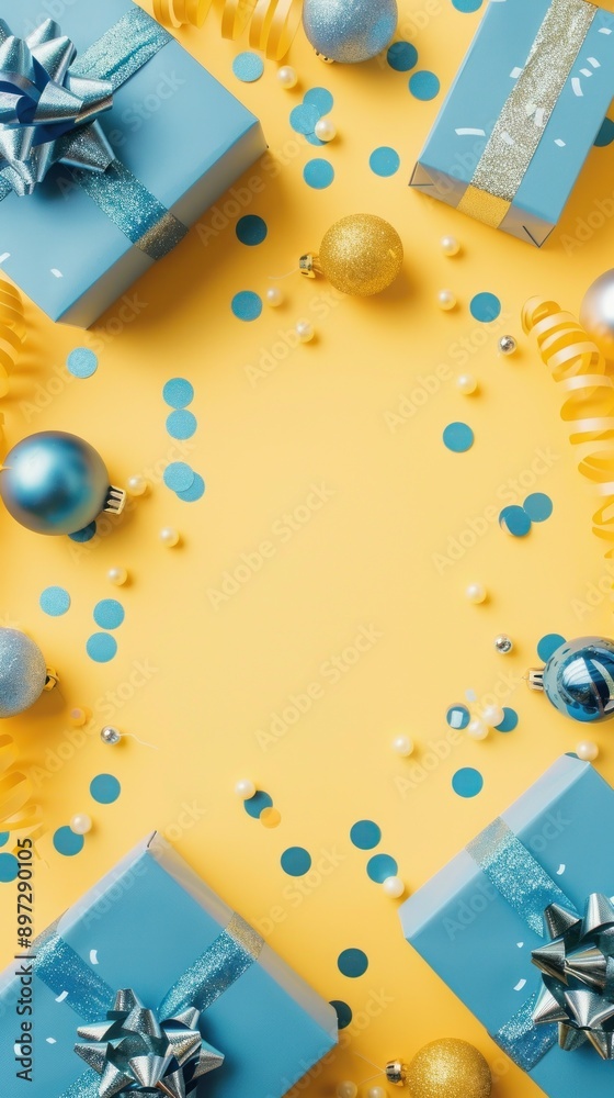 Fototapeta premium Blue and yellow holiday decoration with wrapped presents.