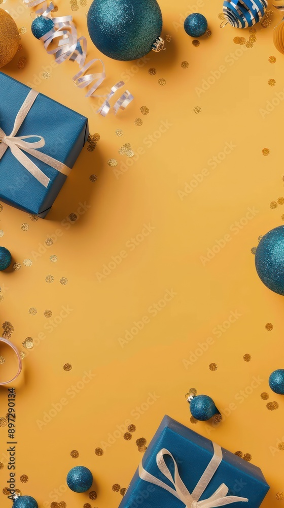 Fototapeta premium Festive blue and gold themed gifts with decorations.