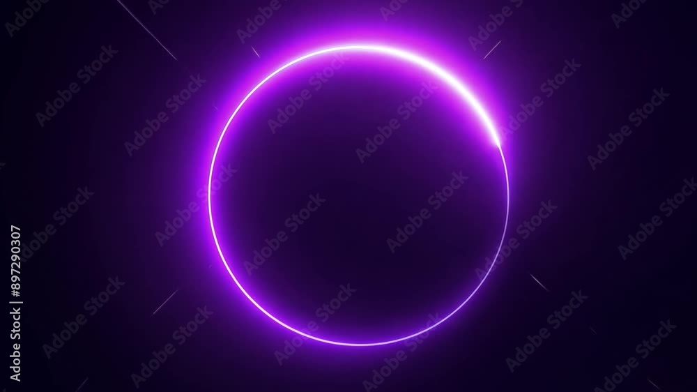 Rotating neon circles of frames with glowing effect on dark background.