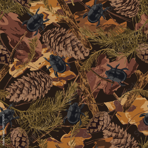 Seamless camouflage pattern with forest litter, nature objects. Dry sticks, cones, pine needles, bark pieces, crawling dung beetle. Wild nature. For apparel, fabric, textile, sport goods.