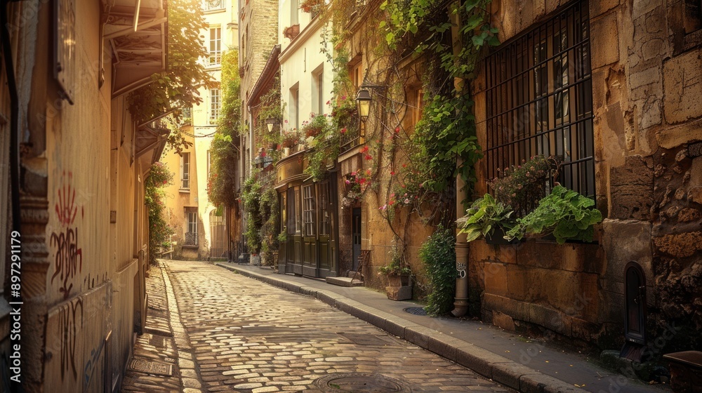 Sun-Drenched Cobblestone Alleyway in Paris Sun-Drenched Cobblestone Alleyway in Paris