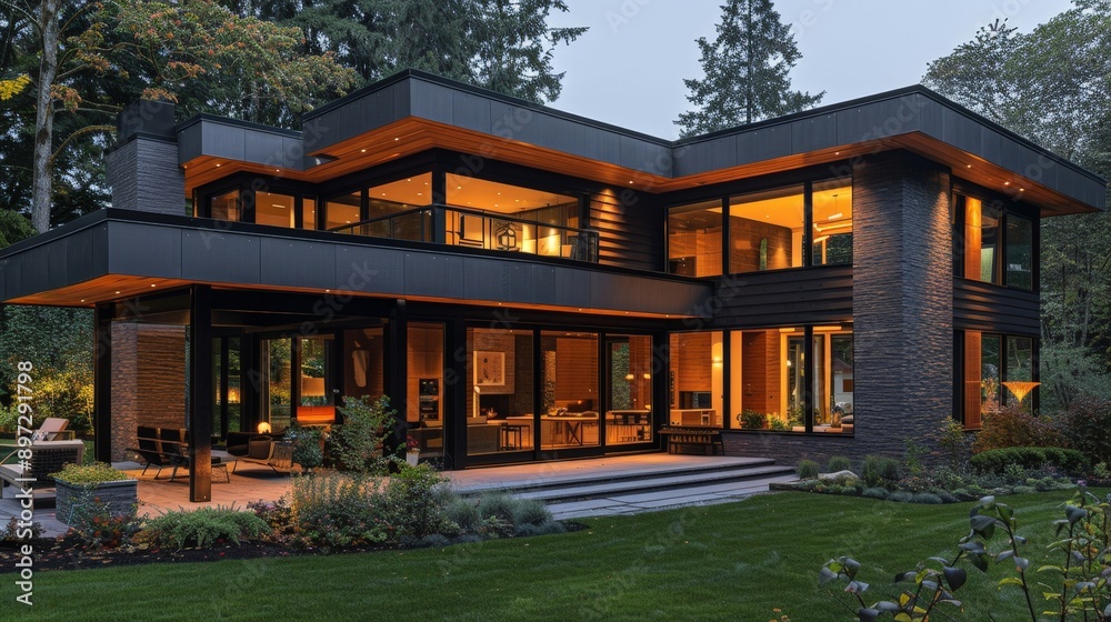 A modern house with large windows, emphasizing shelter and warmth A modern house with large windows, emphasizing shelter and warmth