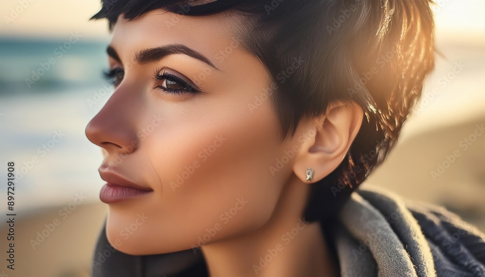 A serene woman with short hair poses on the beach during sunset, capturing a calm and peaceful moment. A serene woman with short hair poses on the beach during sunset, capturing a calm and peaceful moment.