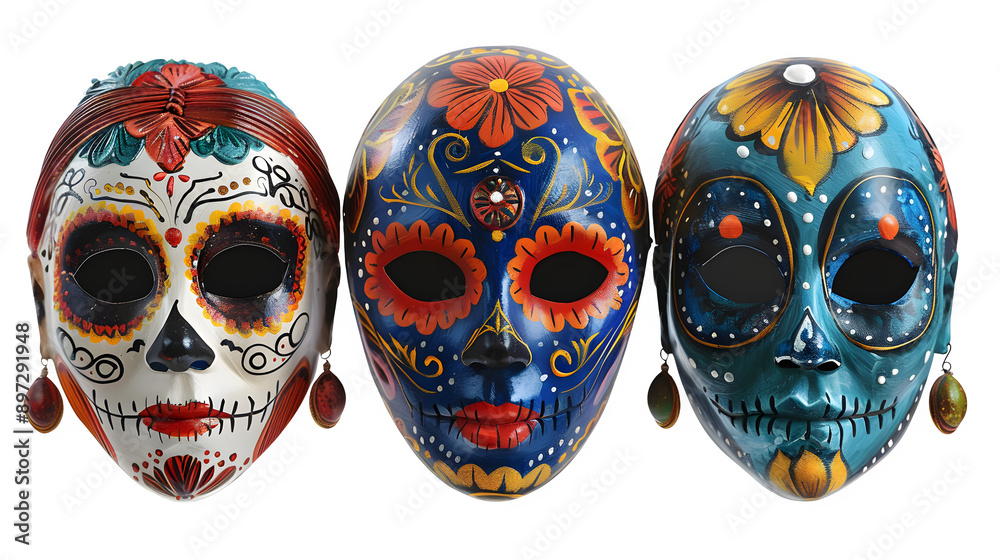 Masks for Day of the Dead, Vibrant and Artistic Mexican Cultural Symbols, Colorful and Intricate Traditional Celebration Ornaments, png file, isolated on white Masks for Day of the Dead, Vibrant and Artistic Mexican Cultural Symbols, Colorful and Intricate Traditional Celebration Ornaments, png file, isolated on white
