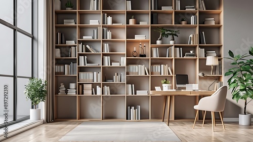 Minimalist bookshelf with open shelves and clean lines in a modern home office 