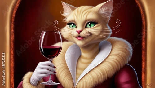 anthropomorphic cat lady with soft, golden fur and piercing emerald eyes, adorned with intricate, swirling whiskers, holds a delicate, stemmed wine glass in her dainty photo