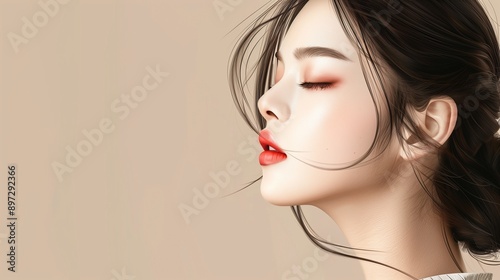 Pretty woman of asian appearance makeup luxury charm beige background.