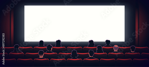 People sitting in cinema hall with white blank screen. View from back. Rows of seats, red cinema chairs. Theater empty scene. Movie theatre. Flat style cartoon design. Vector eps10 illustration.