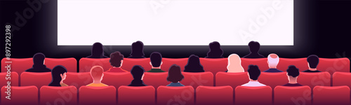 People sitting in cinema hall with white blank screen. View from back. Rows of seats, red cinema chairs. Theater empty scene. Movie theatre. Flat style cartoon design. Vector eps10 illustration.