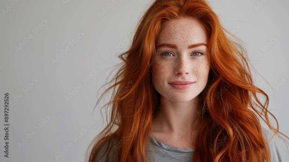 Closeup of happy attractive young woman with long wavy red hair and freckles wears stylish t shirt looks happy and smiling isolated over white background. Closeup of happy attractive young woman with long wavy red hair and freckles wears stylish t shirt looks happy and smiling isolated over white background.
