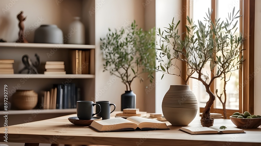 Tasty Mediterranean house layout. Coffee cup in a textured vase with branches of olive trees. Books arranged on a wooden table. Still life in the living room. void in the wall copy area. Modern interi Tasty Mediterranean house layout. Coffee cup in a textured vase with branches of olive trees. Books arranged on a wooden table. Still life in the living room. void in the wall copy area. Modern interi