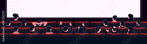People sitting in cinema hall with white blank screen. View from back. Rows of seats, red cinema chairs. Theater empty scene. Movie theatre. Flat style cartoon design. Vector eps10 illustration.