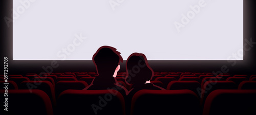 Couple in love sitting in cinema hall with blank screen. View from back. Rows of seats, red cinema chairs. Theater empty scene. Movie theatre. Flat style cartoon design. Vector eps10 illustration.