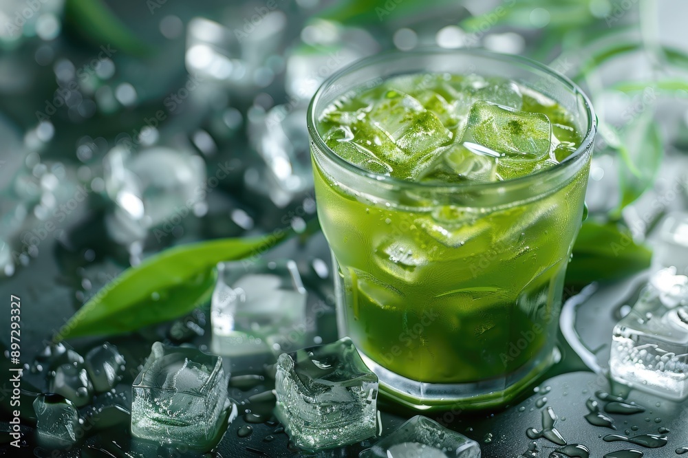 Refreshing Green Drink with Ice Cubes and Green Leaves Refreshing Green Drink with Ice Cubes and Green Leaves